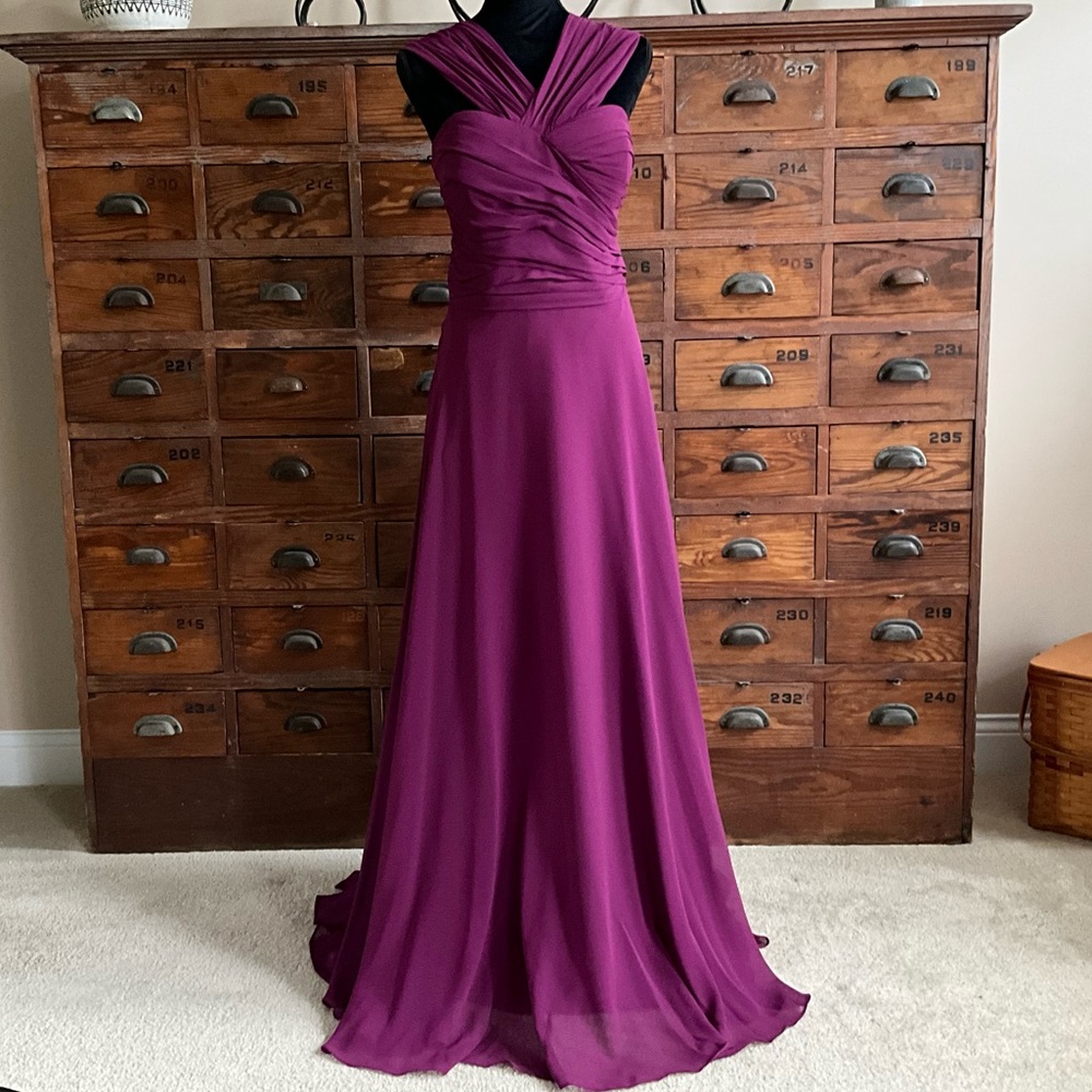 Bridesmaids/ prom dress D’zage size 16 plum color floor length gown.